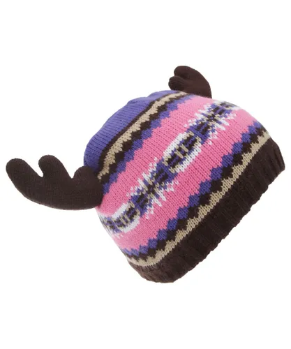 FLOSO Boys Childrens/Kids Fairisle Moose Winter Beanie Hat With Antlers (Pink/Purple) - Multicolour - One