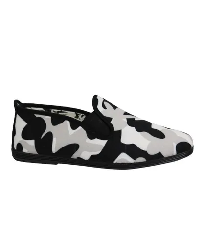 Flossy Style Camouflage Mens Camo Plimsolls - Black/White Textile