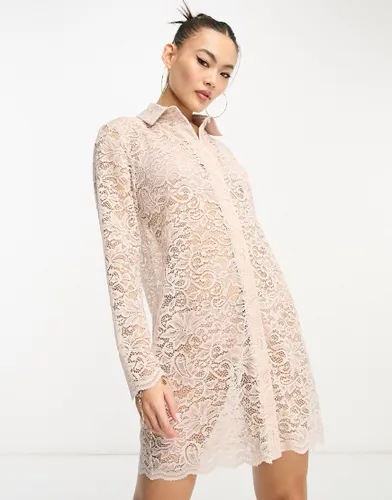 Flounce London lace mini shirt dress with scallop edge in taupe-Neutral