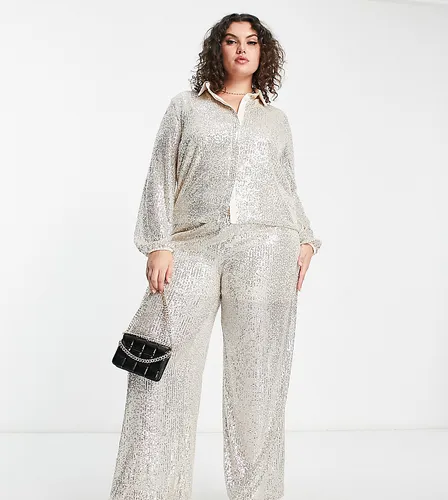 Flounce London Plus relaxed shirt in silver metallic sparkle co-ord