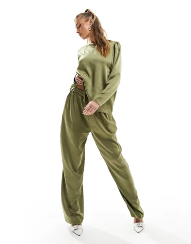 Flounce London satin floaty trousers in olive co-ord-Green
