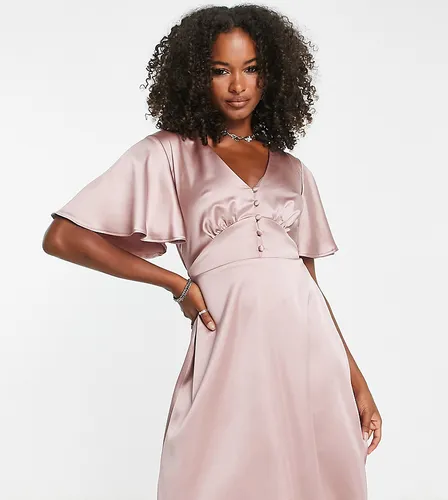 Flounce London Tall satin flutter sleeve mini dress in heather rose-Pink