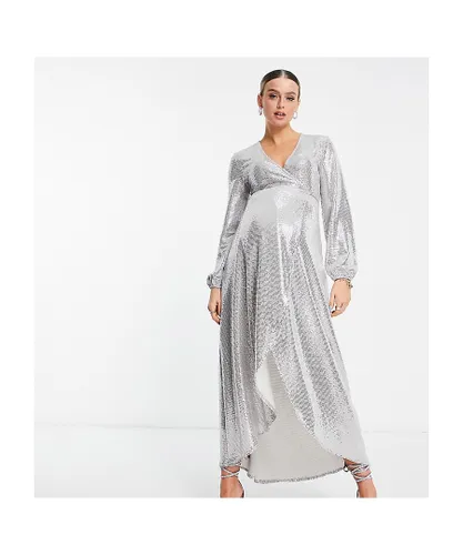 Flounce London Womens Maternity long sleeve wrap maxi dress in silver metallic sparkle