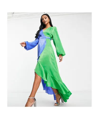 Flounce London Womens Petite balloon sleeve ruffle maxi dress in contrast blue and green-Multi - Multicolour