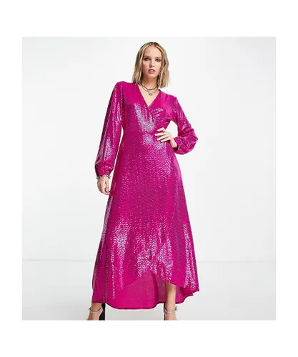 Flounce London Womens Petite long sleeve wrap maxi dress in fuschia metallic sparkle-Pink
