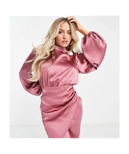 Flounce London Womens Petite satin balloon sleeve wrap mini dress in blush-Pink