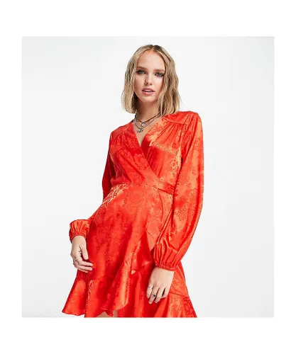 Flounce London Womens Petite satin wrap front mini dress with balloon sleeve in red floral jacquard