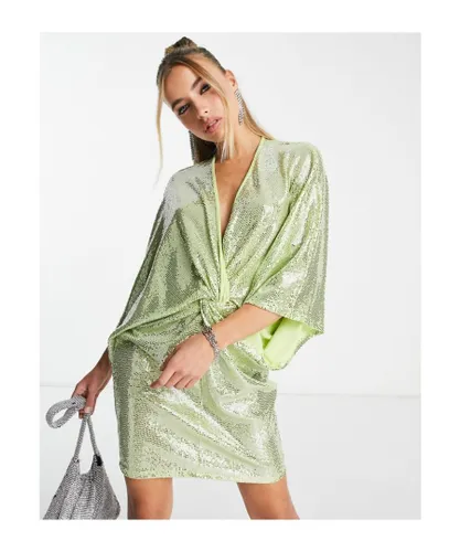 Flounce London Womens plunge front mini dress with drop sleeves in lime metallic sparkle-Green