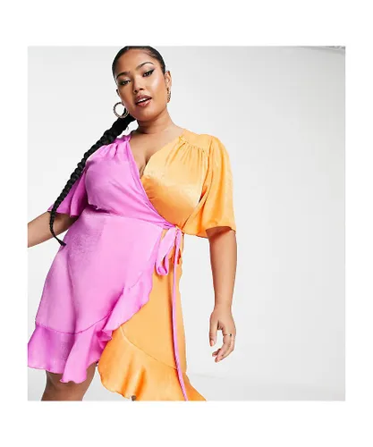 Flounce London Womens Plus flutter sleeve ruffle mini dress in contrast pink and orange-Multi