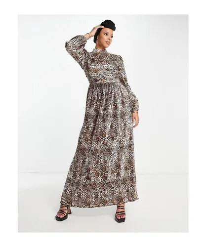 Flounce London Womens satin plisse maxi dress in leopard print-Brown - Multicolour
