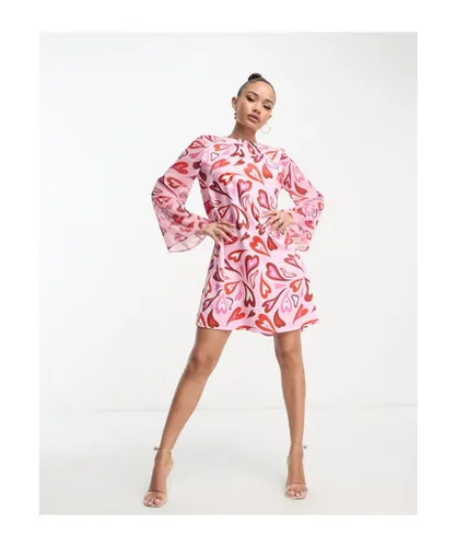Flounce London Womens shift mini dress with bell sleeves in mixed heart print-Pink