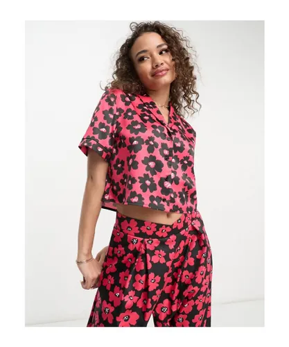 Flounce London Womens short sleeve cropped shirt in red and black floral co-ord