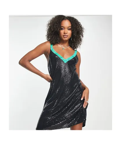 Flounce London Womens Tall mini metallic sparkle cami dress with contrasting lace trim-Black