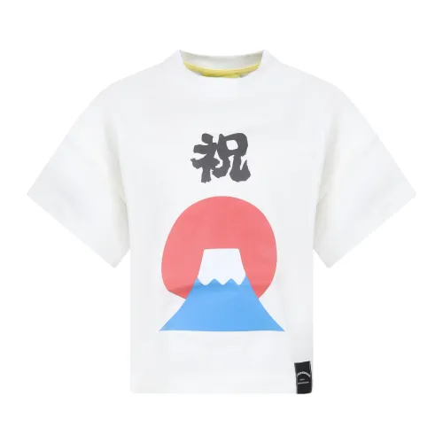 Flower Mountain , White Cotton Short Sleeve T-Shirt with Print ,White unisex, Sizes: