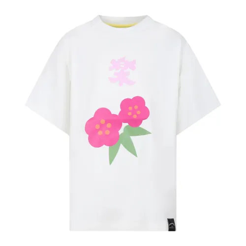 Flower Mountain , White Cotton T-shirt with Fuchsia Flower Print ,White unisex, Sizes: