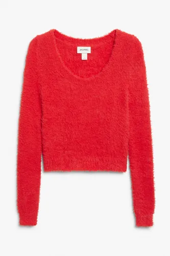Fluffy knitted boat neck sweater - Red