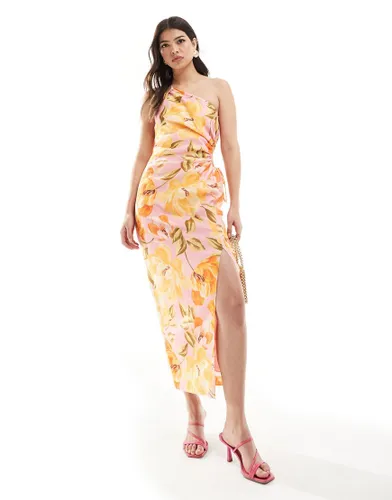 Forever New asymmetrical cut out waist midi dress in yellow floral-Multi