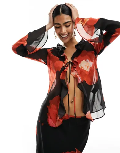 Forever New long sleeve sheer tie top co-ord in red floral