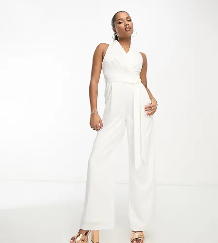 Forever New Petite sleeveless jumpsuit with belt in ivory-White