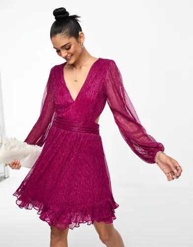 Forever New sheer sleeve plisse mini dress in metallic pink