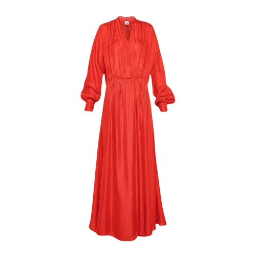 Forte Forte , Silk V-neck Long Dress with Elastic Waist and Front Slit ,Red female, Sizes: