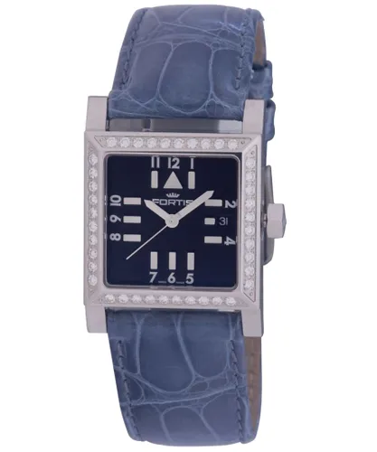 Fortis WoMens Spacematic Black Dial Diamond Watch - Blue Leather - One Size