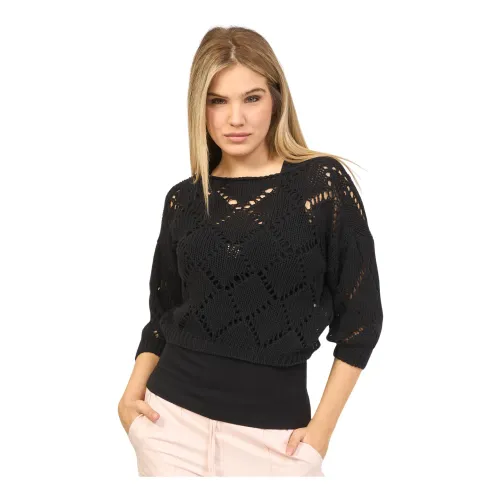 Fracomina , Black Cropped Sweater with Boat Neck and Long Sleeves ,Black female, Sizes: