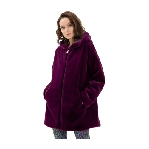 Fracomina , Medium coat in echo fur with hood ,Purple female, Sizes: