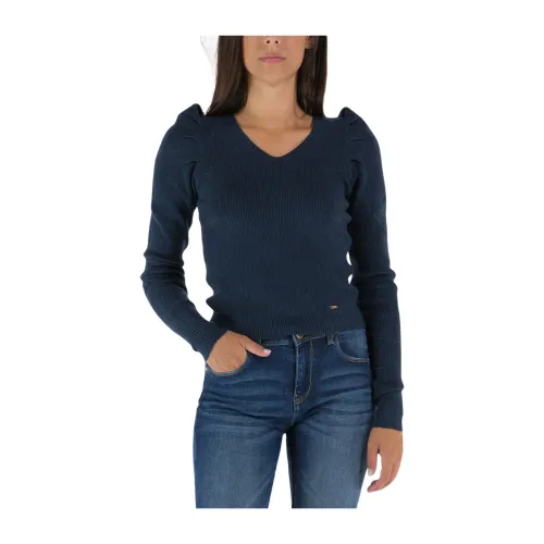 Fracomina , Ribbed Sweater with Puffed Shoulders ,Blue female, Sizes: