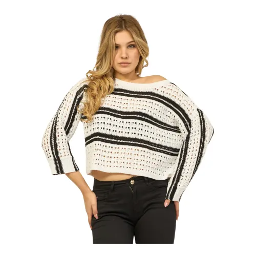 Fracomina , Striped Cotton Sweater White ,White female, Sizes: