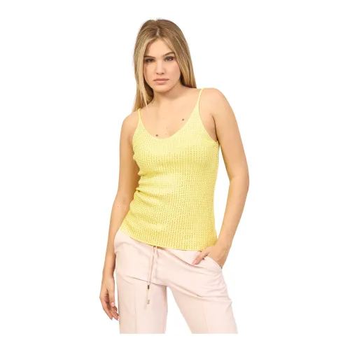 Fracomina , Yellow Sleeveless Top with Shimmering Rhinestones ,Yellow female, Sizes: