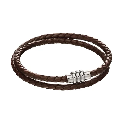 Fred Bennett Brown Leather Double Bracelet with Magnetic Steel Clasp