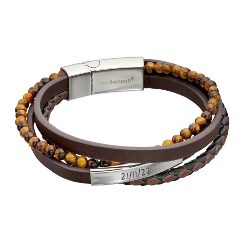 Fred Bennett Recycled Brown Leather & Tiger's Eye Beads ID Bar Bracelet