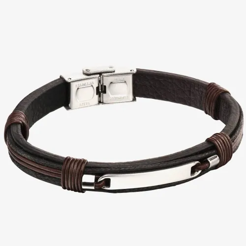 Fred Bennett Stainless Steel Black Brown Leather ID Bracelet B5124