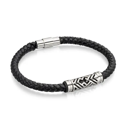 Fred Bennett Stainless Steel Black Leather Aztec Bracelet