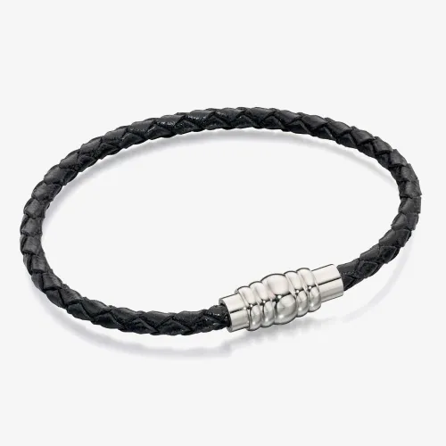 Fred Bennett Stainless Steel Black Leather Magnetic Bracelet B4726