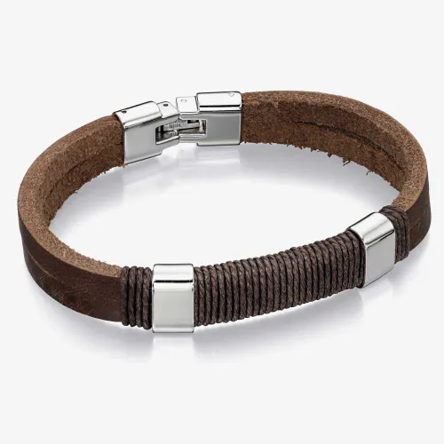 Fred Bennett Stainless Steel Brown Leather Cord Bracelet B4558