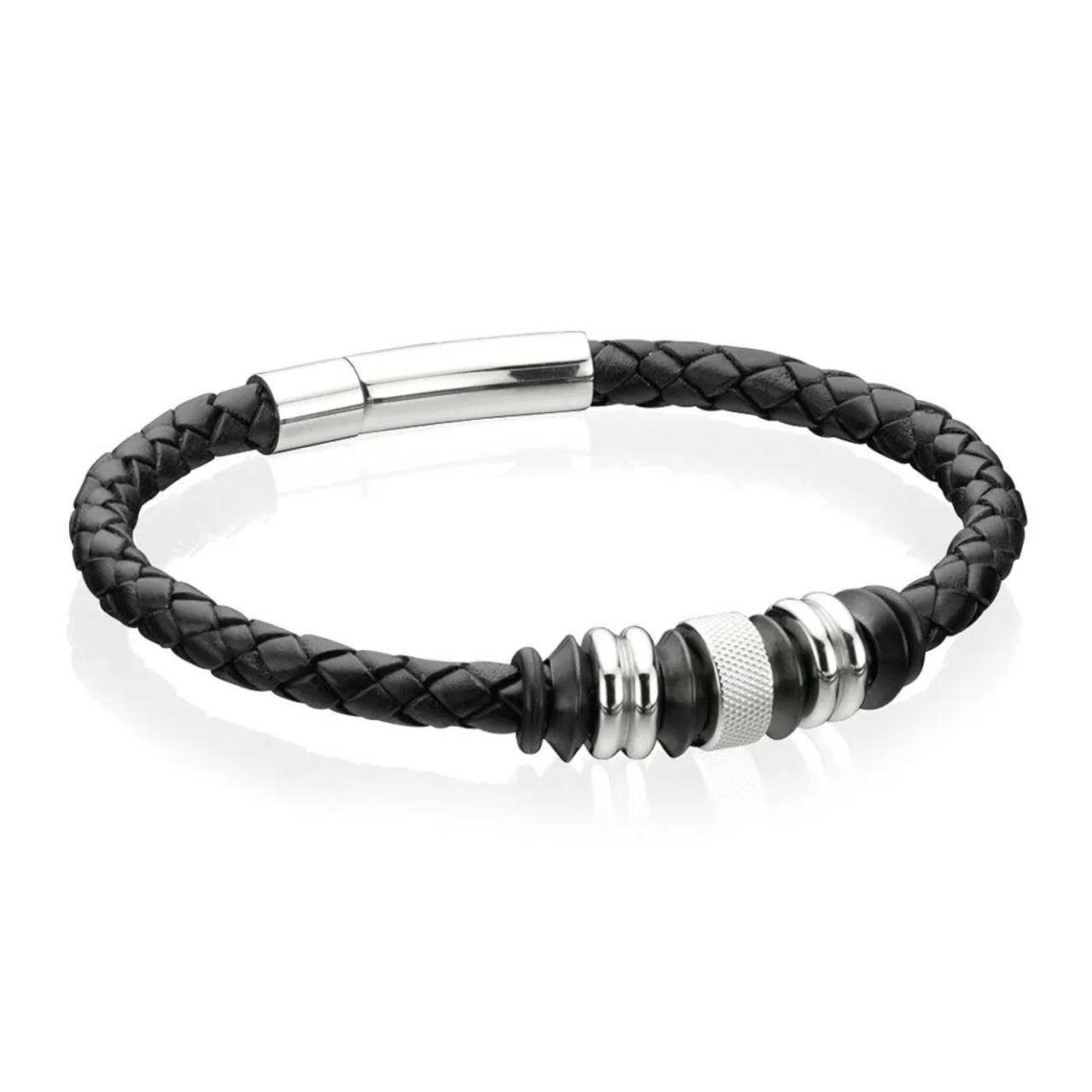 Fred Bennett Stainless Steel with Black Plating Leather Bracelet