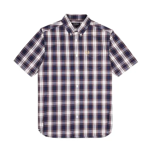 Fred Perry , Authentic Checkered Short Sleeve Shirt with Bottom Button ,Blue male, Sizes: