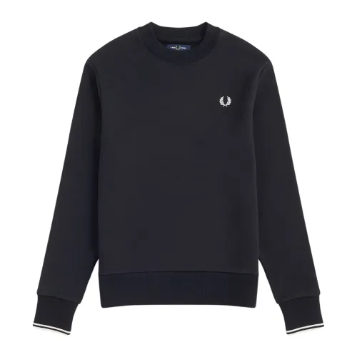 Fred Perry , Black Crew Neck Sweatshirt with Ribbed Trim ,Black male, Sizes: