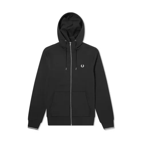 Fred Perry , Black Hooded Zip Sweatshirt with Contrast Trim ,Black male, Sizes: