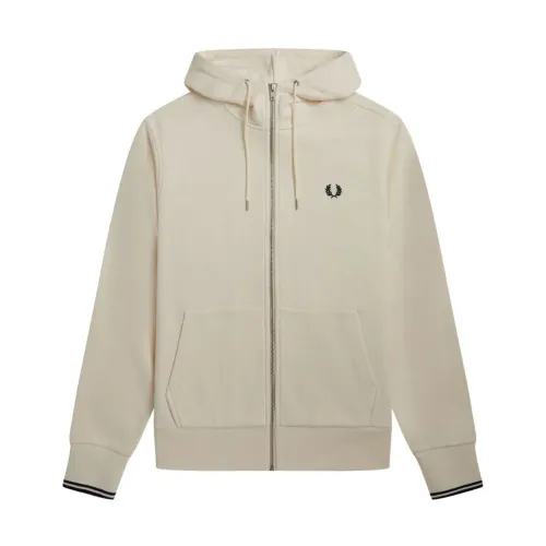 Fred Perry , Cotton Hooded Zip-Up Sweater ,Beige male, Sizes:
