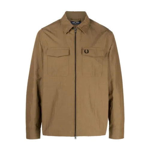 Fred Perry , Crinkled Finish Chestnut Brown Jacket ,Beige male, Sizes: