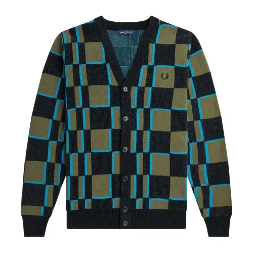 Fred Perry , Distorted Check Jacquard Cotton Blend Cardigan ,Black male, Sizes: