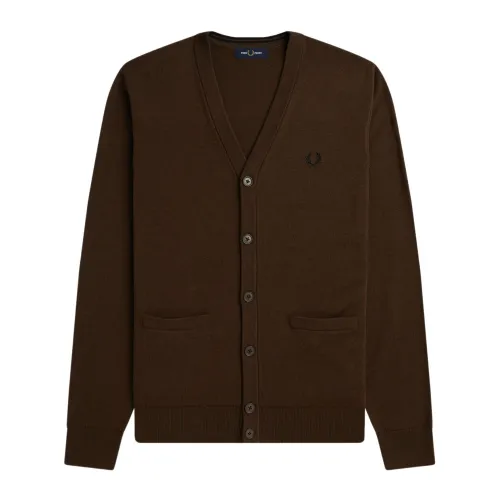 Fred Perry , Ethically Sourced Knitted V-Neck Cardigan ,Brown male, Sizes: