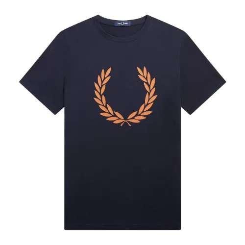 Fred Perry , Graphic Crew Neck T-Shirt with Flock Laurel Wreath ,Blue male, Sizes: