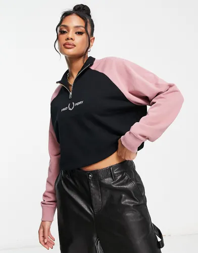 Fred Perry half zip colour block sweatshirt in black and pink