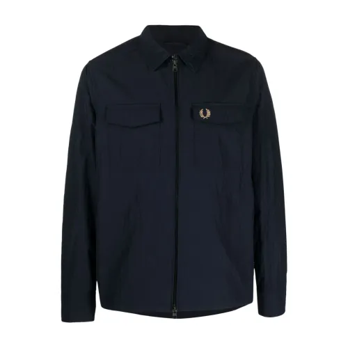 Fred Perry , Logo-Embroidered Blue Crinkled Jacket ,Blue male, Sizes: