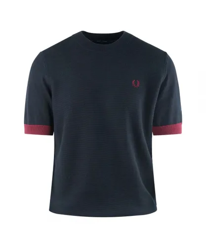 Fred Perry Mens Contrast Trim Laurel Wreath Logo Knitted Navy Blue T-Shirt