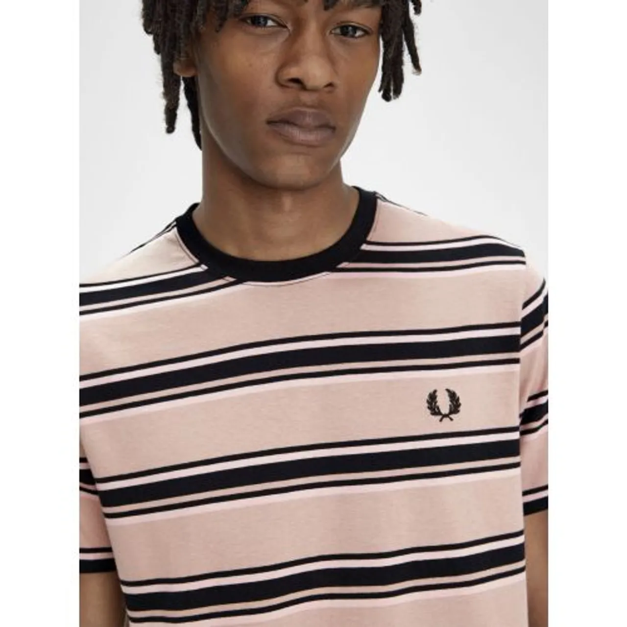 Fred Perry Mens Dark Pink Dusty Rose Pink Black Stripe T-Shirt